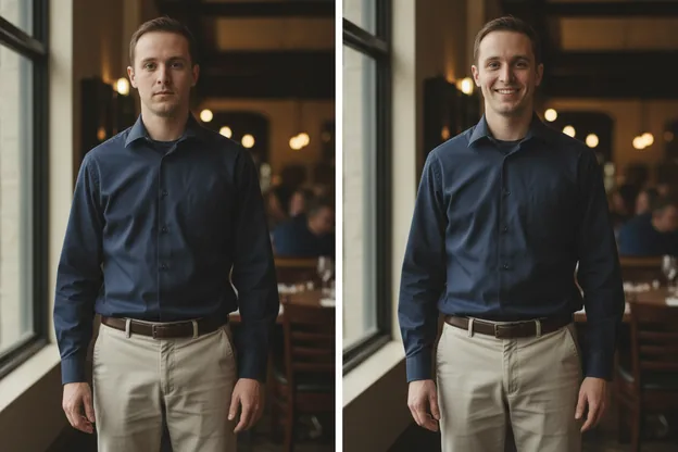 Before and after on the same server: uniform shirt untucked, then crisp and tucked flat