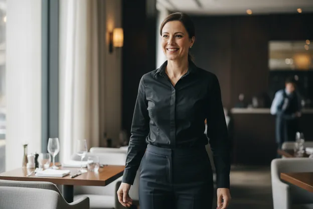 A restaurant host at the pass, shirt crisp during service