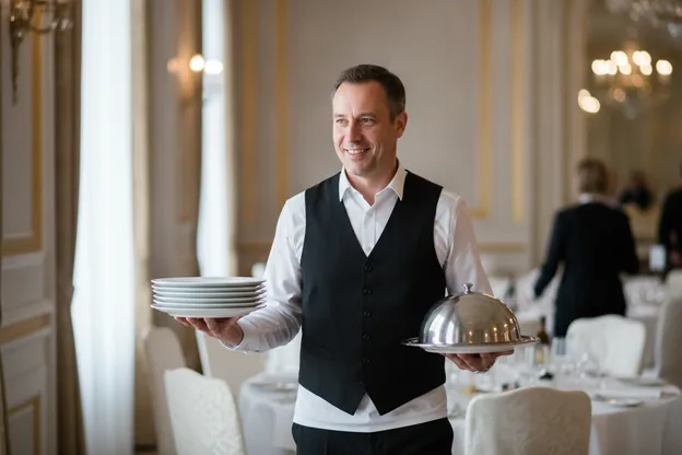 A banquet server carrying plates, shirt still flat