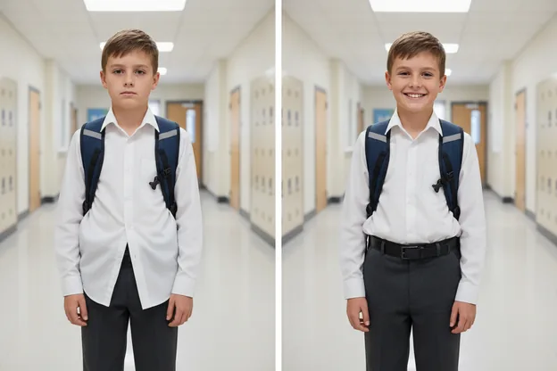 Before and after on the same child: school uniform shirt hanging out, then tucked in neatly