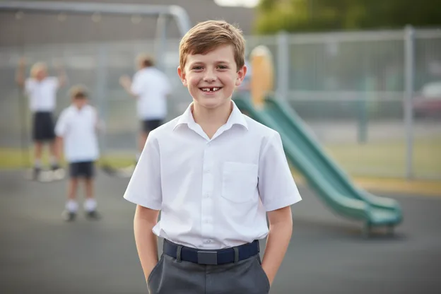 A child playing at break, uniform shirt staying put