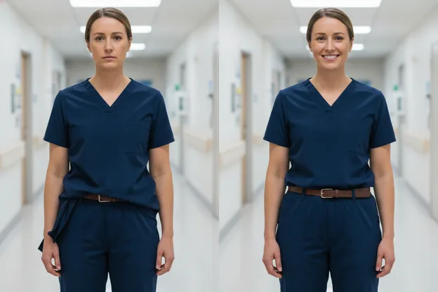 Before and after on the same nurse: scrub top rumpled and untucked, then tucked neatly