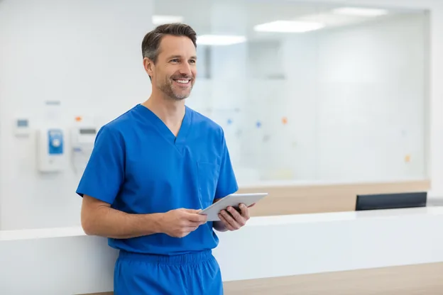 A clinician at a nurses station, uniform crisp mid-shift