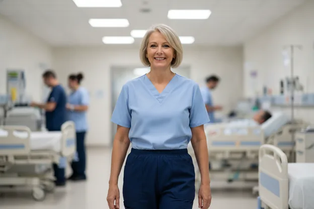 A healthcare worker walking a ward, shirt staying put