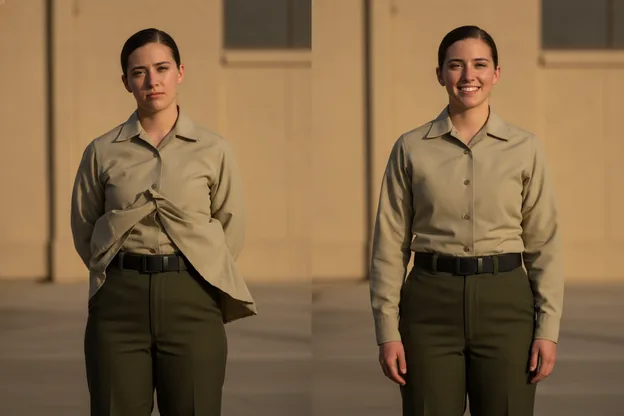 Before and after on the same service member: shirt untucked and bunched, then flat with the gig line straight