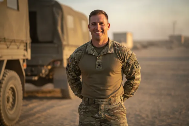 A soldier in the field, shirt held flat at the waist