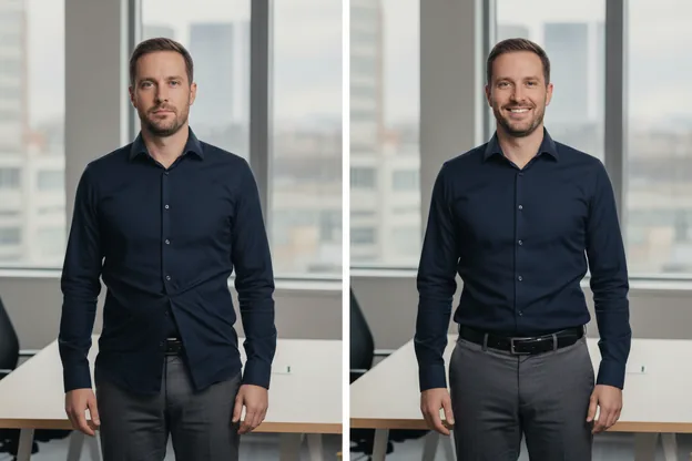Before and after on the same professional: dress shirt untucked and rumpled, then tucked flat