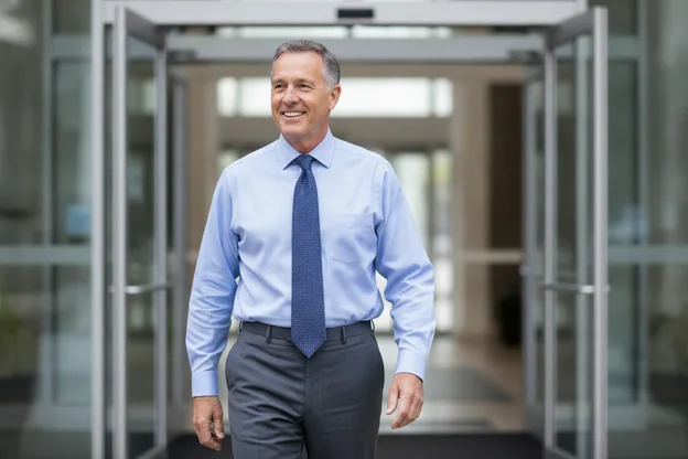A professional walking into an office, shirt staying tucked
