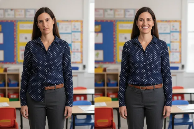 Before and after on the same teacher: shirt pulled out at the waist, then tucked neatly