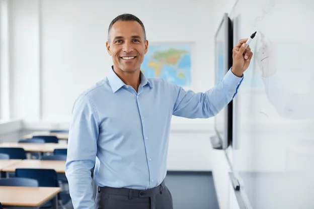 A teacher at the whiteboard, shirt flat while reaching up