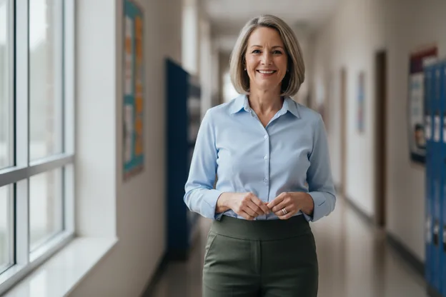 A teacher in a school hallway, still sharp at the end of the day
