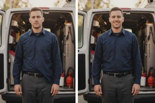 Before and after on the same tradesperson: work shirt hanging loose, then tucked flat