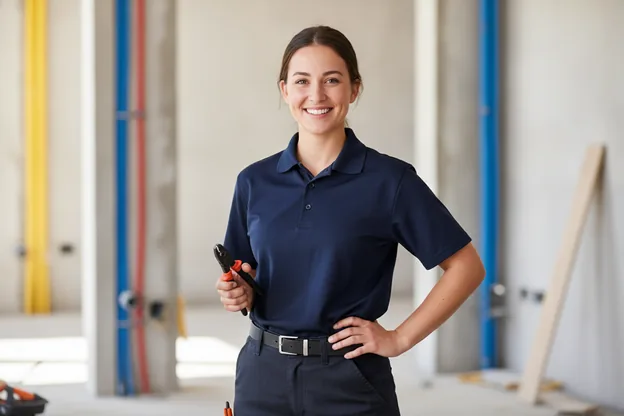 A technician on a service call, uniform shirt staying put
