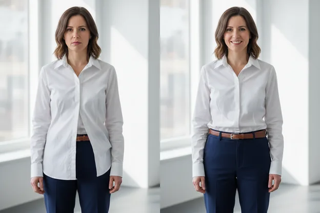 Before and after on the same woman: blouse pulled out at the waist, then tucked flat