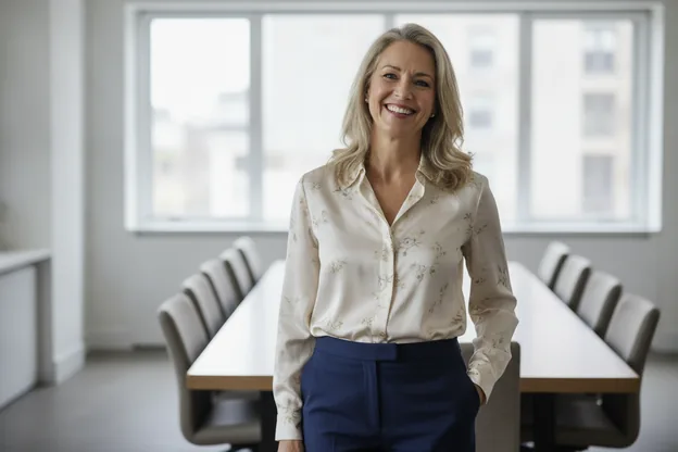 A woman in a tucked shirt, comfortable and sharp