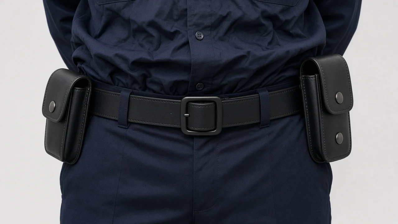 BEFORE: Uniform shirt heavily crumpled and bunched above the duty belt. No shirt tail hanging below the belt.
