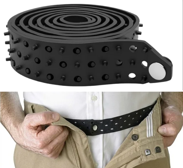 Two views of the Shirt Tucker: the black rubber belt coiled up, with flex pegs along the strap and a metal button closure at the end; and the same belt worn at the waist over a tucked-in shirt, inside open trousers.