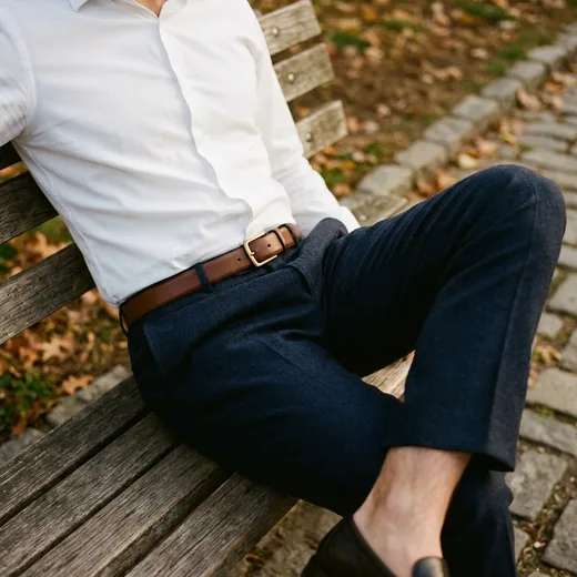 Photo: a man in a tucked white shirt on a park bench, ankles bare of any straps