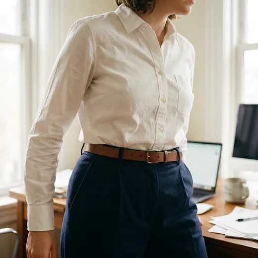 Photo: a woman in a tucked white button-down getting up from her desk
