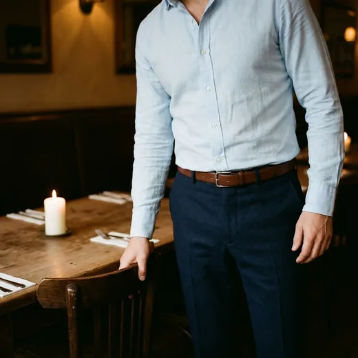 Photo: a man in a tucked light-blue shirt at an evening dinner table