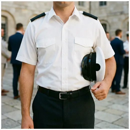 Photo: a man in a tucked white dress-uniform shirt holding his peaked cap