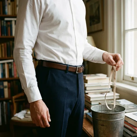 Photo: a man in a tucked white shirt dropping a thin, stretched-out elastic band into a wastebasket