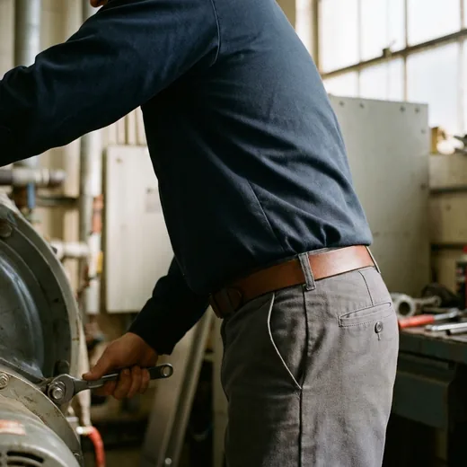 Photo: a maintenance technician in a tucked work shirt tightening a bolt on factory machinery