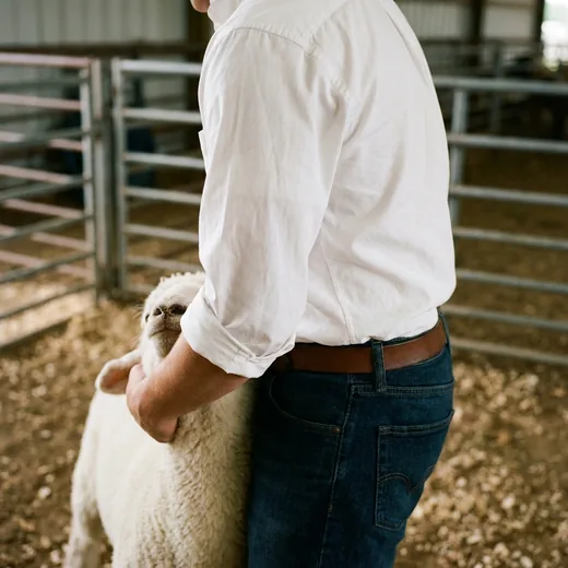 Photo: a teenager in a tucked white dress shirt bracing a lamb in a livestock show ring
