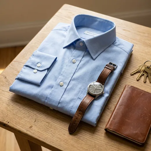 Photo: a folded dress shirt, a watch, keys and a leather wallet laid out from above