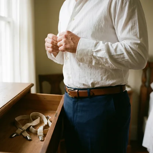 Photo: a man in a tucked white shirt fastening his cuff beside a drawer of old leg straps