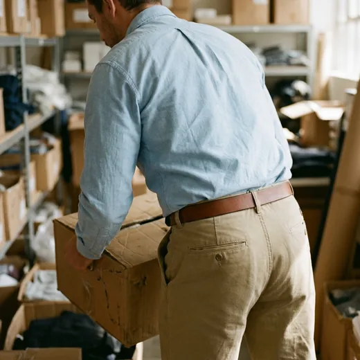Photo: a man in a tucked work shirt lifting a box in a stockroom