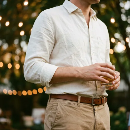 Photo: a man in a tucked linen shirt at an evening garden gathering under string lights
