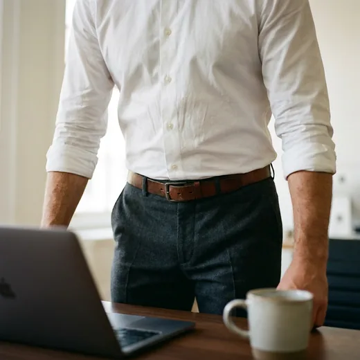 Photo: a man in a tucked dress shirt standing up from a meeting table