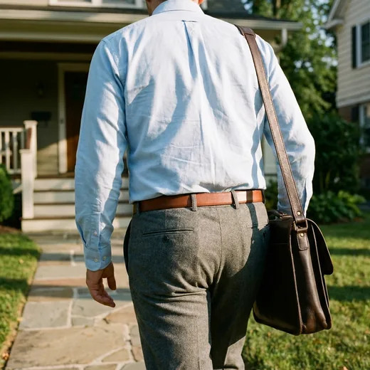 Photo: a man in a tucked dress shirt walking up a suburban front path with a bag