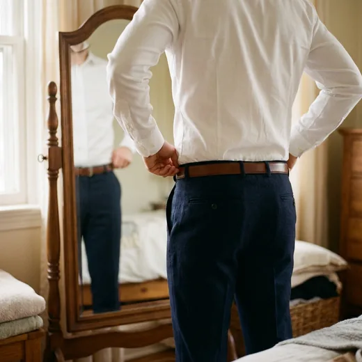 Photo: a man checking his tucked white shirt in a bedroom mirror
