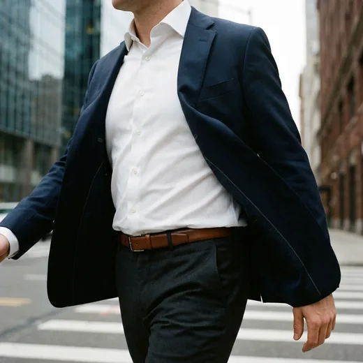 Photo: a man in an open navy suit and tucked white shirt striding across a city crosswalk