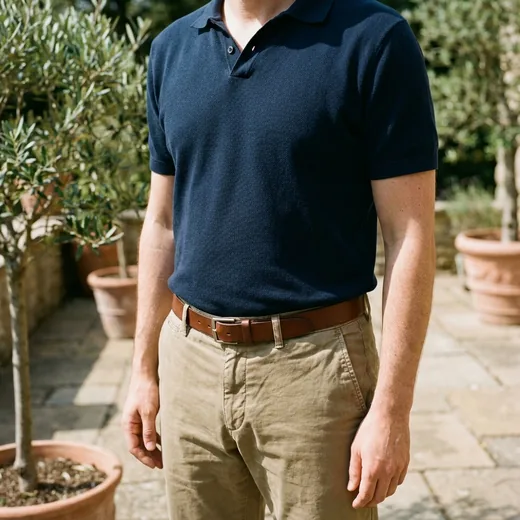 Photo: a man in a navy polo tucked into khakis on a sunny patio