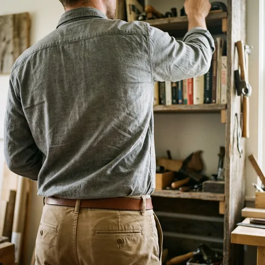Photo: a man reaching up to a high shelf with his shirt still tucked