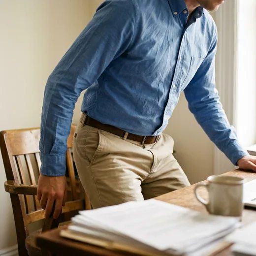 Photo: a man in a tucked blue oxford shirt rising from his office chair