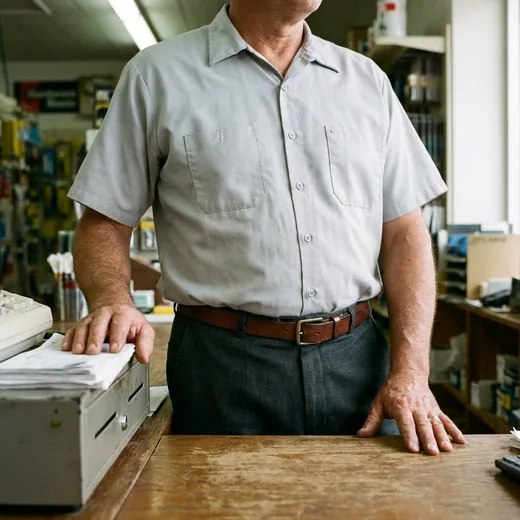 Photo: a man in a tucked work-uniform shirt behind a service counter