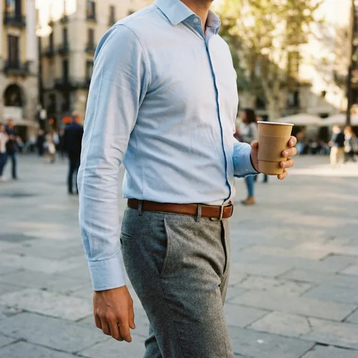 Photo: a man in a tucked shirt walking through a city plaza with a coffee
