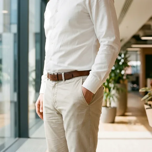 Photo: a man in a tucked white dress shirt and light stone trousers in a bright office